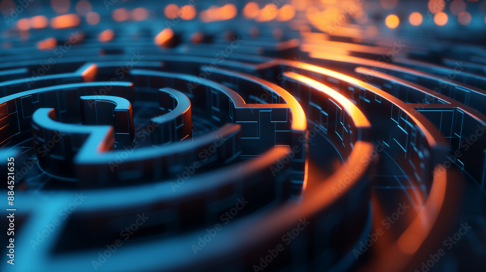 Poster abstract maze with a highlighted path leading to a target, symbolizing business development, with co