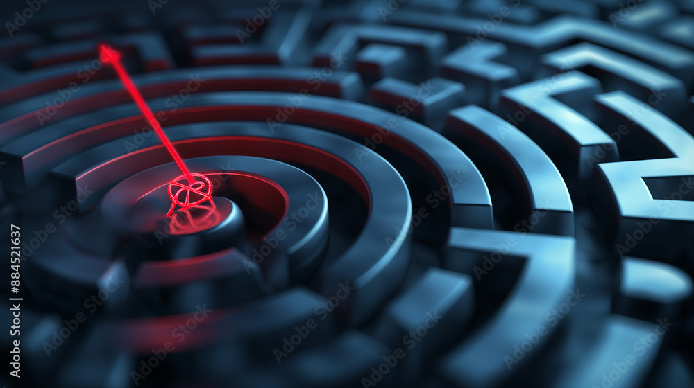 Poster abstract maze with a highlighted path leading to a target, symbolizing business development, with co