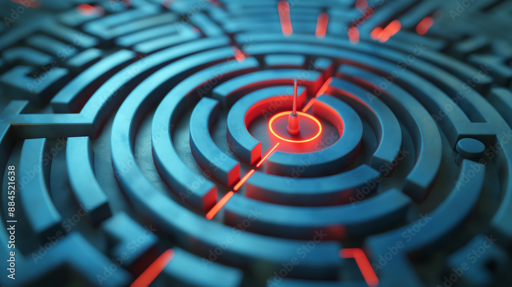 Poster abstract maze with a highlighted path leading to a target, symbolizing business development, with co