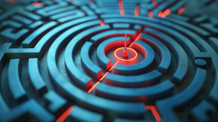 Abstract maze with a highlighted path leading to a target, symbolizing business development, with copy space for text.