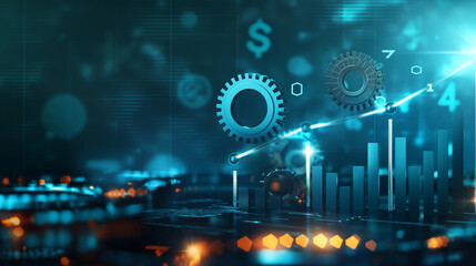 Background with digital gears and growth charts, illustrating the process of business success and development, with space for copy.