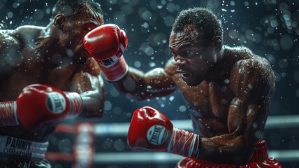 Boxing Match Two boxers in the ring, throwing punches with intense expressions and a dynamic background,generative ai