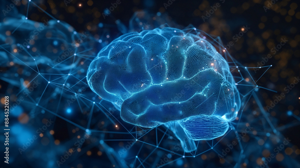 Poster blue hologram of a human brain with glowing data streams, illustrating ai neural networks and vr sim