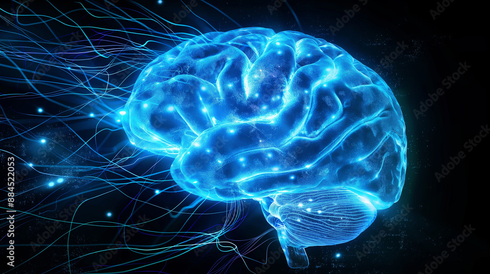 Poster blue hologram of a human brain with glowing data streams, illustrating ai neural networks and vr sim