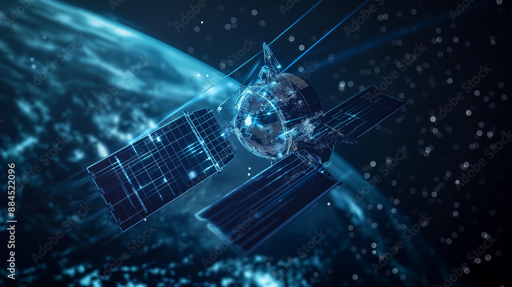Poster blue hologram of a satellite with glowing data streams, illustrating global ai communication network