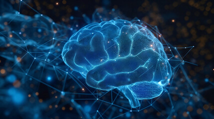 Obraz premium Blue hologram of a human brain with glowing data streams, illustrating AI neural networks and VR simulations.