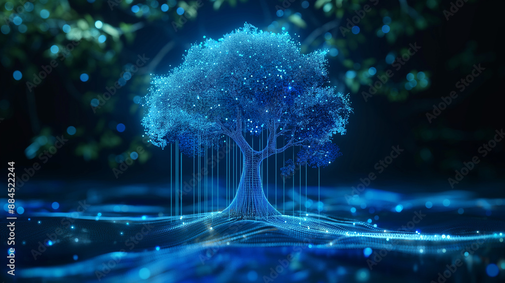Poster a blue hologram of a tree with glowing data streams, symbolizing ai in environmental monitoring and 