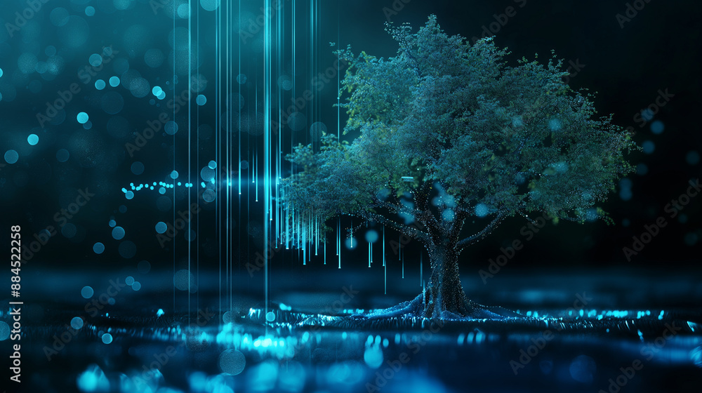 Poster a blue hologram of a tree with glowing data streams, symbolizing ai in environmental monitoring and 