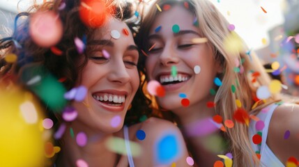 Joyful Young Women Celebrating at Gay Pride Event with Colorful Confetti