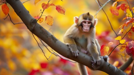 Fototapeta premium Monkey perched on a tree branch surrounded by colorful autumn leaves