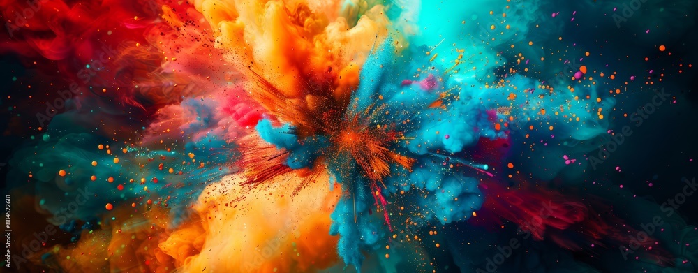 Wall mural explosion of multicolored holi powder. splash of bright colorful paint. abstract pattern of colored 