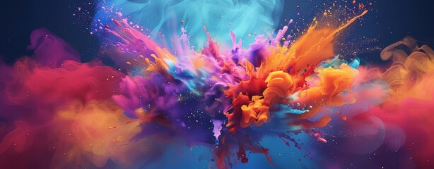 Explosion of multicolored holi powder. Splash of bright colorful paint. Abstract pattern of colored dust burst. Colorful art background.