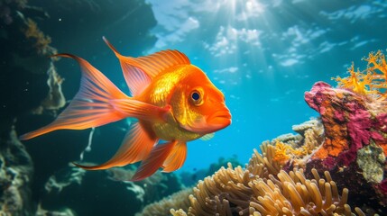 Fototapeta premium Vibrant underwater photograph of a sea goldie fish swimming near a coral reef