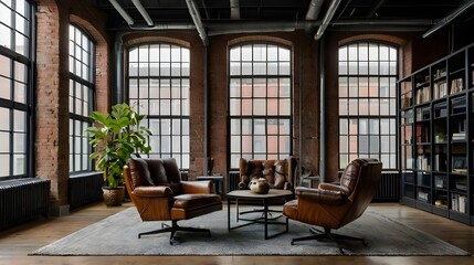 Modern Industrial Office Space with Exposed Brick and Leather Furnishings