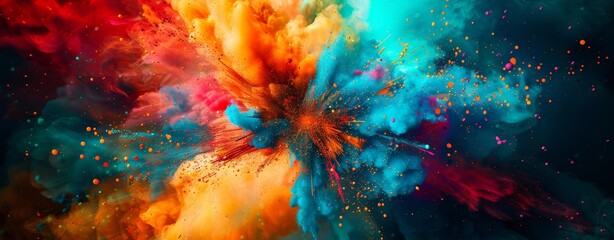 Explosion of multicolored holi powder. Splash of bright colorful paint. Abstract pattern of colored dust burst. Colorful art background.