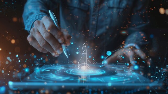 Hand reaches for glowing tablet, launching digital rocket