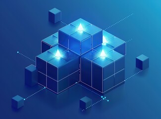 3D illustration blue transparent cubes. Parallelogram pattern. Technology geometry neon background
