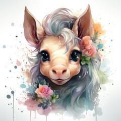 Watercolor Enchanted Kawaii Unicorn Foal with Floral Accents, clipart Illustration, Generative Ai