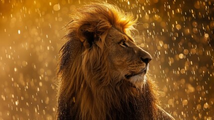 Naklejka premium Lion standing in the rain with water droplets glistening on its mane