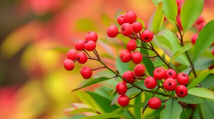 Fototapeta premium Close-up of vibrant red berries and green leaves