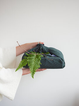 Hands holding a cloth bag with a fern leaf