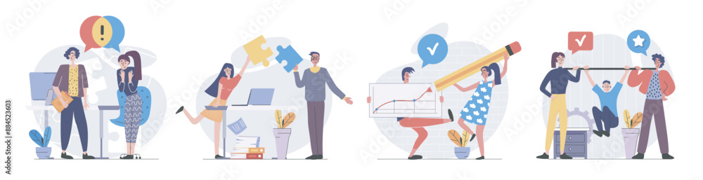 Poster teamwork concept with people scenes set in flat web design. collection of character situation with t