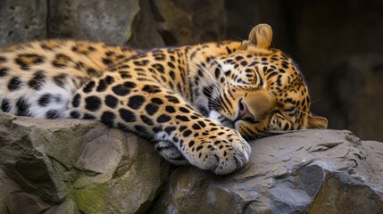 Obraz premium Amur leopard peacefully sleeping on a rocky ledge in its natural habitat