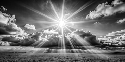 Sunbeams Through Clouds, Black and White Photography, Dramatic Sky,  Landscape, Nature, Clouds, Sunbeams