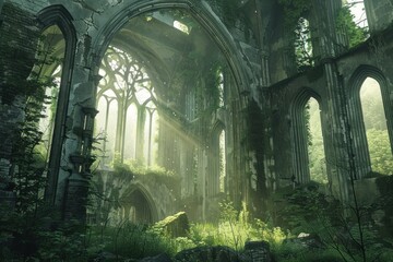 Naklejka premium Sunlight streams through an ancient, ivycovered church ruins in a lush forest