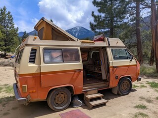 Vintage camper vparked in mountain forest