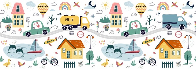 a modern seamless pattern,with hand drawn cars, signs, roads,  a tree. A cartoon element isolated on a white background. for print, children, paper, print. illustration in the style of trending art