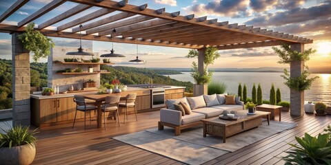 Fototapeta premium Sunset View Deck with Pergola, Outdoor Kitchen and Lounge, Deck Design, Outdoor Living, Sunset, Lake, Pergola