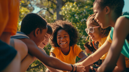 Kids participating in a team-building game outside, energetic and collaborative, bottom third copy space