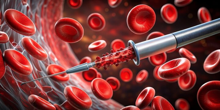 Syringe Collecting Red Blood Cells, 3D Render, Medical Illustration, Blood,  Hematology