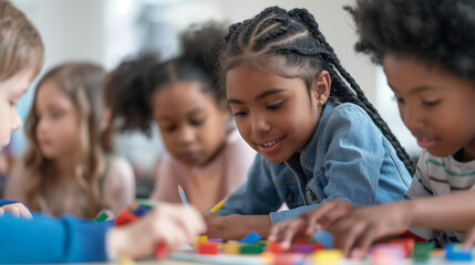 A diverse group of children working together on a classroom project, inclusive and respectful, upper third copy space