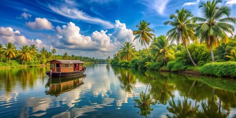 Obraz premium Tranquil Houseboat Glide Through Palm-Lined Canal, Kerala, India, tropical, backwaters, houseboat, palm trees