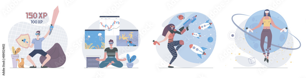 Aufkleber virtual reality concept with people scenes set in flat web design. collection of character situation