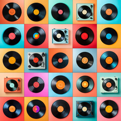 A vibrant 5x5 grid kaleidoscope of vinyl records and record players celebrates the nostalgic charm of analog music