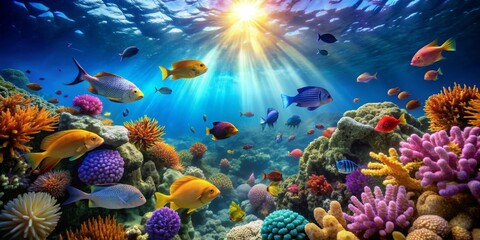 Obraz premium Underwater Paradise Vibrant Coral Reef with Sunbeams, Colorful Fish, Composition, Sunbeam, Coral, Fish, Underwater