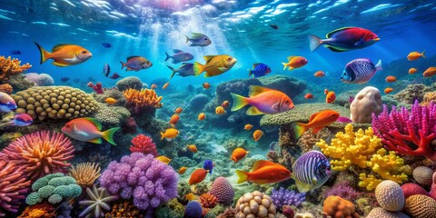Underwater Paradise A vibrant coral reef teeming with colorful fish, Digital Painting, Vibrant Coral Reef, Underwater Life, Marine Ecosystem