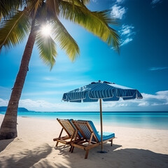 Obraz premium photo beautiful landscape of beach sea ocean with empty chair deck and umbrella nearly coconut palm
