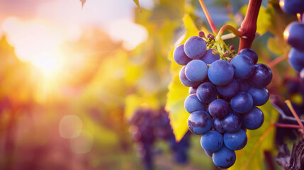 Ripe grape clusters in vineyard at golden hour. Farming and grapevine