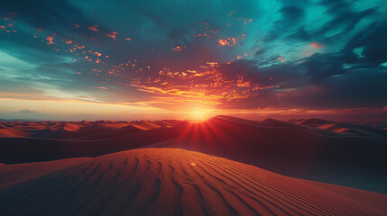 A dramatic sunset over a desert landscape, with sand dunes casting long shadows and the sky ablaze with colors.