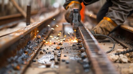 Sparks fly as a welder repairs railroad tracks