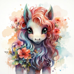 Watercolor Enchanted Kawaii Unicorn Foal with Floral Accents, clipart Illustration, Generative Ai