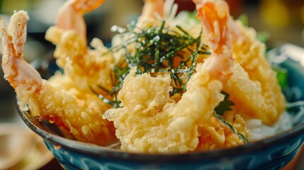 The national cuisine of Japan. Tempura of vegetables and seafood. 