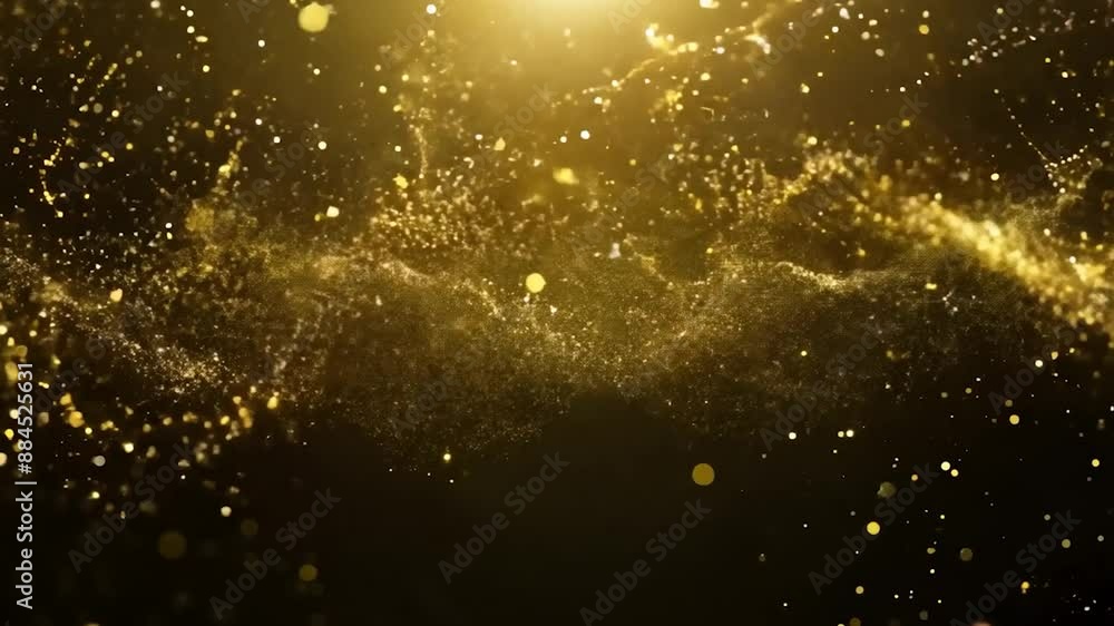 Aufkleber golden particles are floating and swirling on a black background with a light in the top shining dow