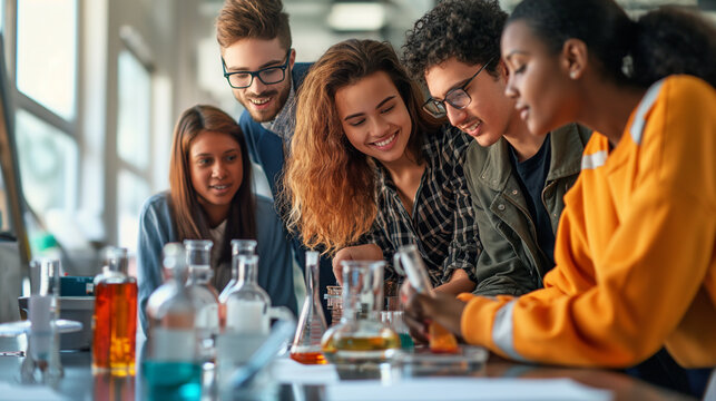 Students collaborating on a science experiment, curious and excited, bottom third copy space