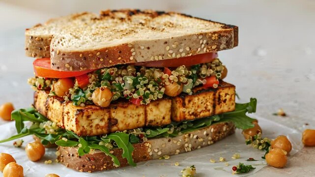 A sandwich packed with protein from layers of grilled tofu roasted chickpeas and a scoop of quinoa tabbouleh.