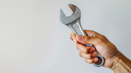 A hand holds a wrench, ready for work